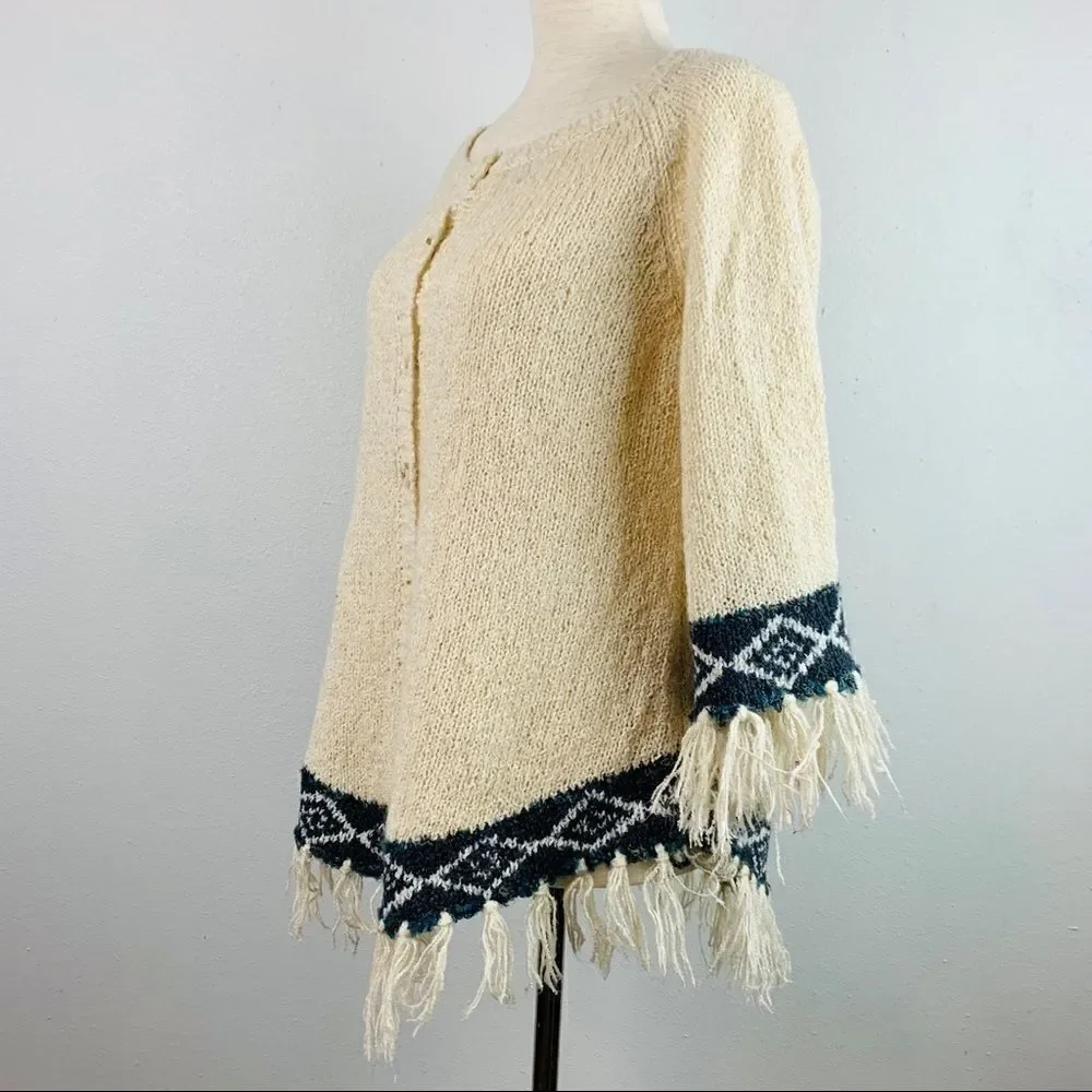 Vintage Fringe Knit Button Front Poncho Sweater